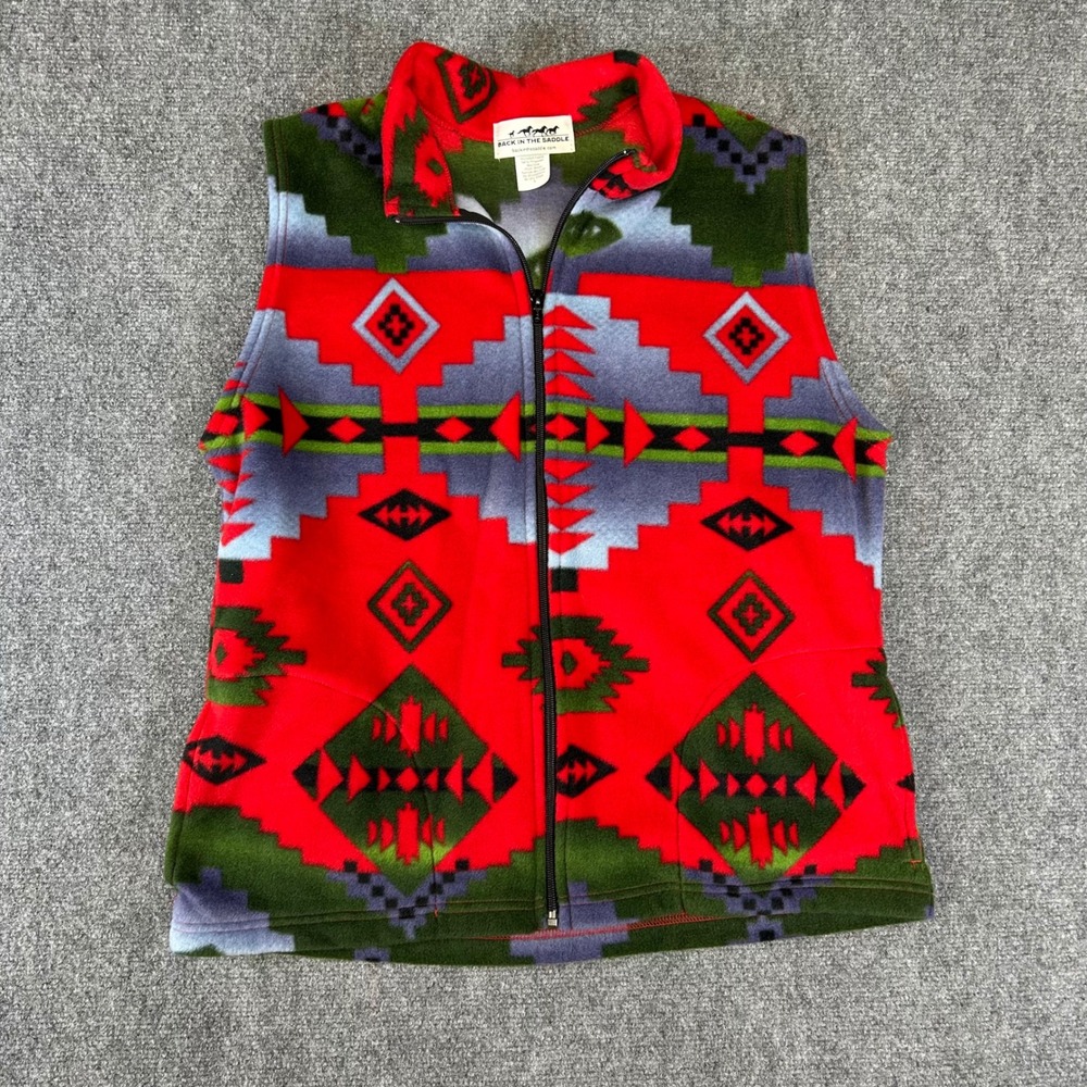 Back In The Saddle Womens Small Red Southwestern Fleece Full Zip Vest Geometric